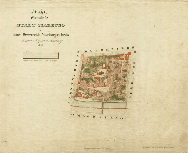 Detailierte alte Stadtplan von Marburg mit Straßen, Gebäuden und Sehenswürdigkeiten mit zusätzlichem Text über die Einwohnerzahl und bemerkenswerte Merkmale.