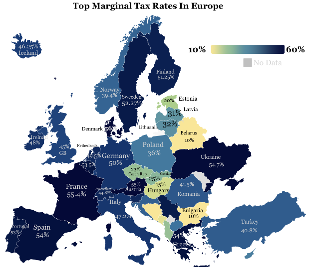 Eine Europakarte mit verschiedenen Farben, die die Spitzensätze der Einkommensteuer in jedem Land anzeigen, mit der Überschrift "Spitzensätze der Einkommensteuer in Europa".
