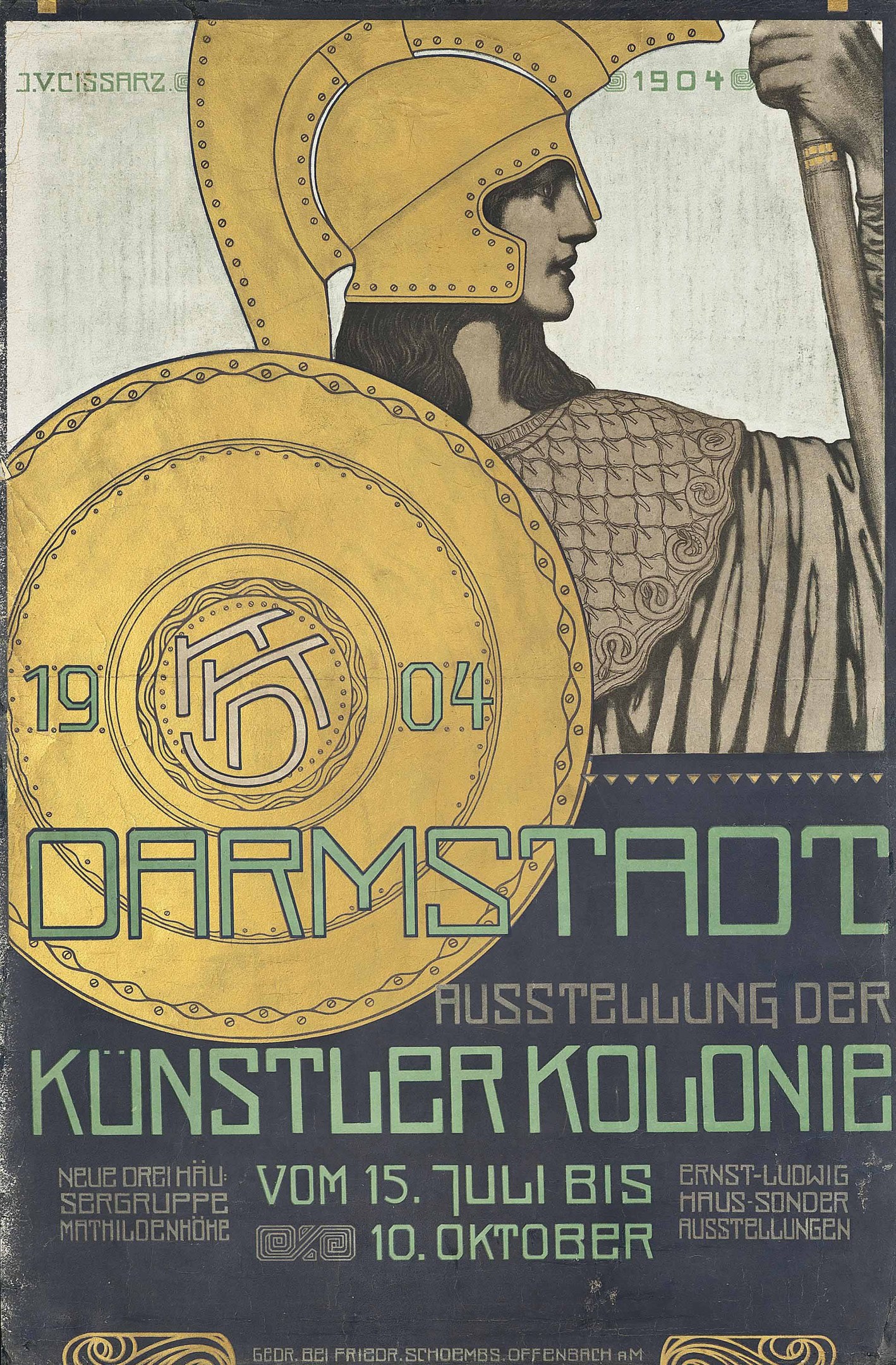 Plakat fuer ein 1904er Berlin-Konzert mit einer Person in einem Helm, die ein Schild haelt, mit "Darmstadt" und "Kuenstler Kolonie" in fetter Schrift.
