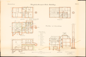 Ein altes Buch mit einer Zeichnung des Königlichen Hermwerk Berlin-Baklberg-Gebäudes, das detaillierte Pläne und Text zeigt.