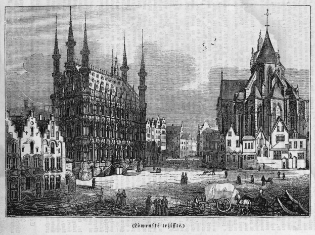 Schwarz-weiß-Zeichnung einer belebten Stadtstraße mit einer Kirche im Hintergrund, mit Gebäuden, Menschen, Karren und Text.