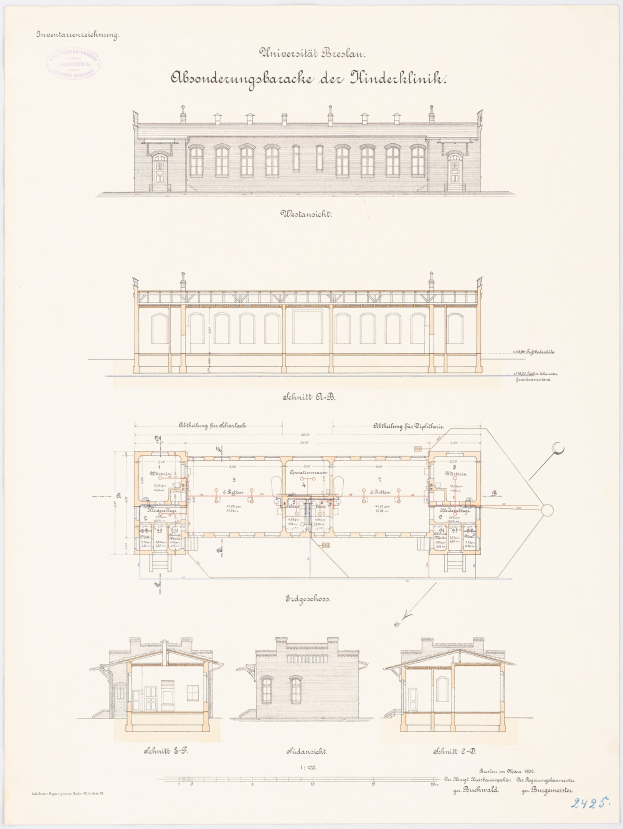 Ein detailliertes architektonisches Zeichnung eines mehrfenstrigen Gebäudes, wahrscheinlich die Universität Berlin, mit begleitenden Grundrüssen und Textanmerkungen.