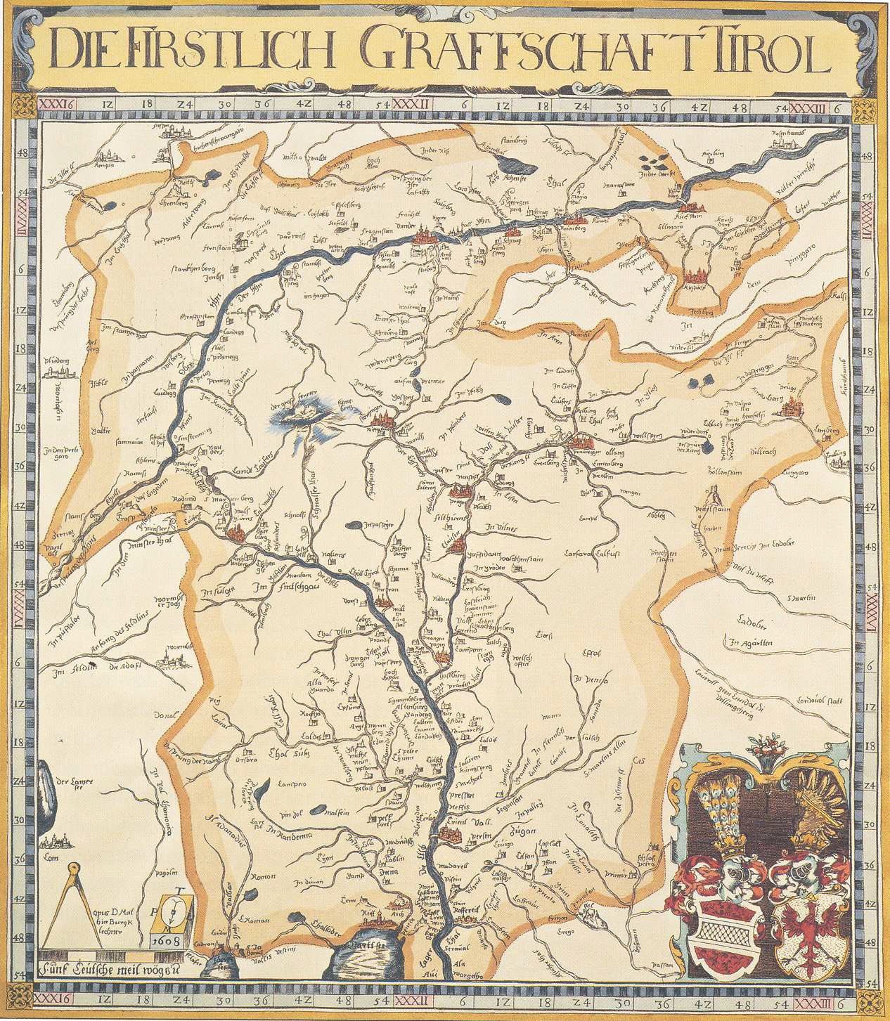 Ein detailliertes historisches Plakat der ersten deutschen Grafschaft Tirol-Karte, das geografische Merkmale wie Flüsse, Berge und Städte zeigt, mit begleitendem Text über die Region und ihre Bewohner.