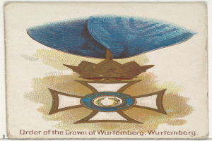 Plakat mit dem Logo "Württembergischer Kronenorden", einer blauen und goldenen Krone mit goldenem Rand und schwarzer, fetter Schrift.