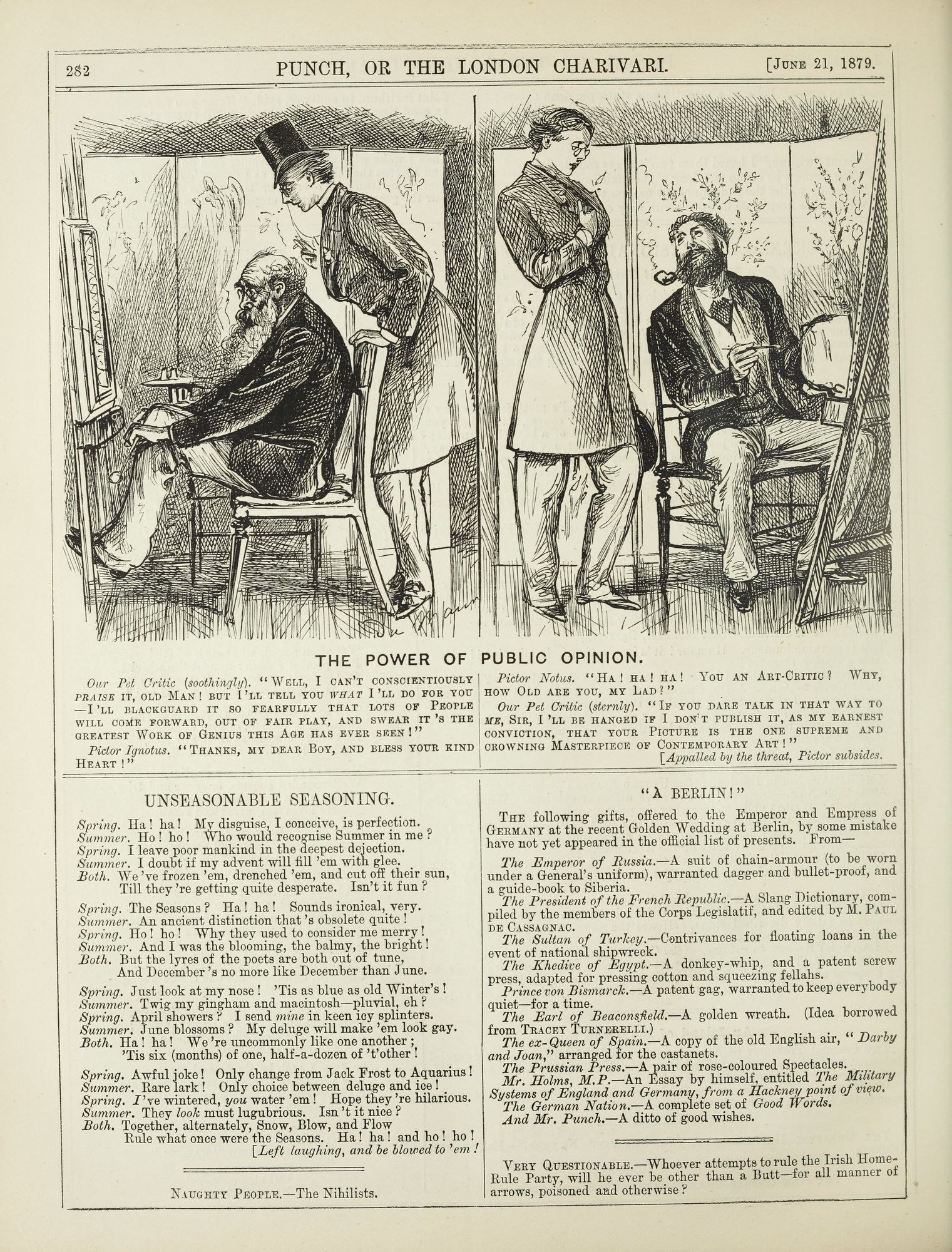 Ein altes Buch mit einer Illustration eines Mannes in einem Anzug, der in einem Stuhl sitzt und eine Frau neben ihm steht, beide mit ernsten Gesichtern, und der Text "Die Macht der öffentlichen Meinung" auf der Seite sichtbar ist.