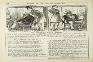 Ein altes Buch mit einer Illustration eines Mannes in einem Anzug, der in einem Stuhl sitzt und eine Frau neben ihm steht, beide mit ernsten Gesichtern, und der Text "Die Macht der öffentlichen Meinung" auf der Seite sichtbar ist.