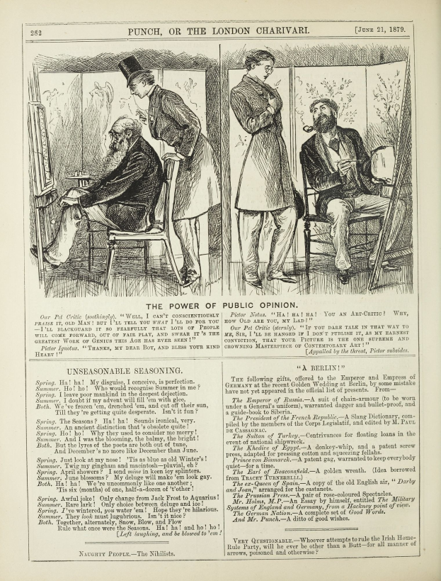 Ein altes Buch mit einer Illustration eines Mannes in einem Anzug, der in einem Stuhl sitzt und eine Frau neben ihm steht, beide mit ernsten Gesichtern, und der Text "Die Macht der öffentlichen Meinung" auf der Seite sichtbar ist.
