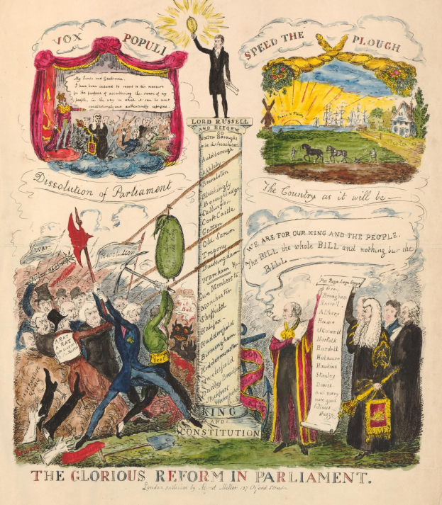 Ein buntes illustriertes Dokument mit der Überschrift "Die glorreichen Reformen im Parlament", das eine klare Schriftart und eine Vielfalt an lächelnden Menschen zeigt, die Hoffnung und Fortschritt symbolisieren.