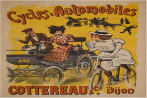 Plakat für Fahrräder und Automobile in Cottereau und Dijon, Frankreich, das Menschen beim Radfahren und eine Kutsche zeigt.