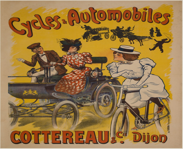 Plakat für Fahrräder und Automobile in Cottereau und Dijon, Frankreich, das Menschen beim Radfahren und eine Kutsche zeigt.