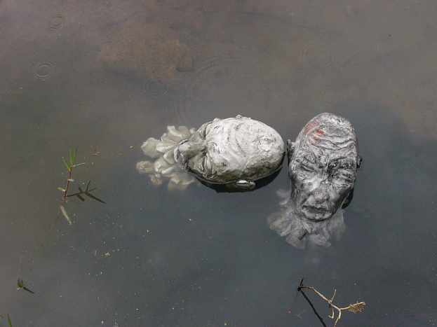 Zwei untergetauchte Köpfe mit einem schlammbedeckten Felsen dazwischen in stiller, klarer Wasser.