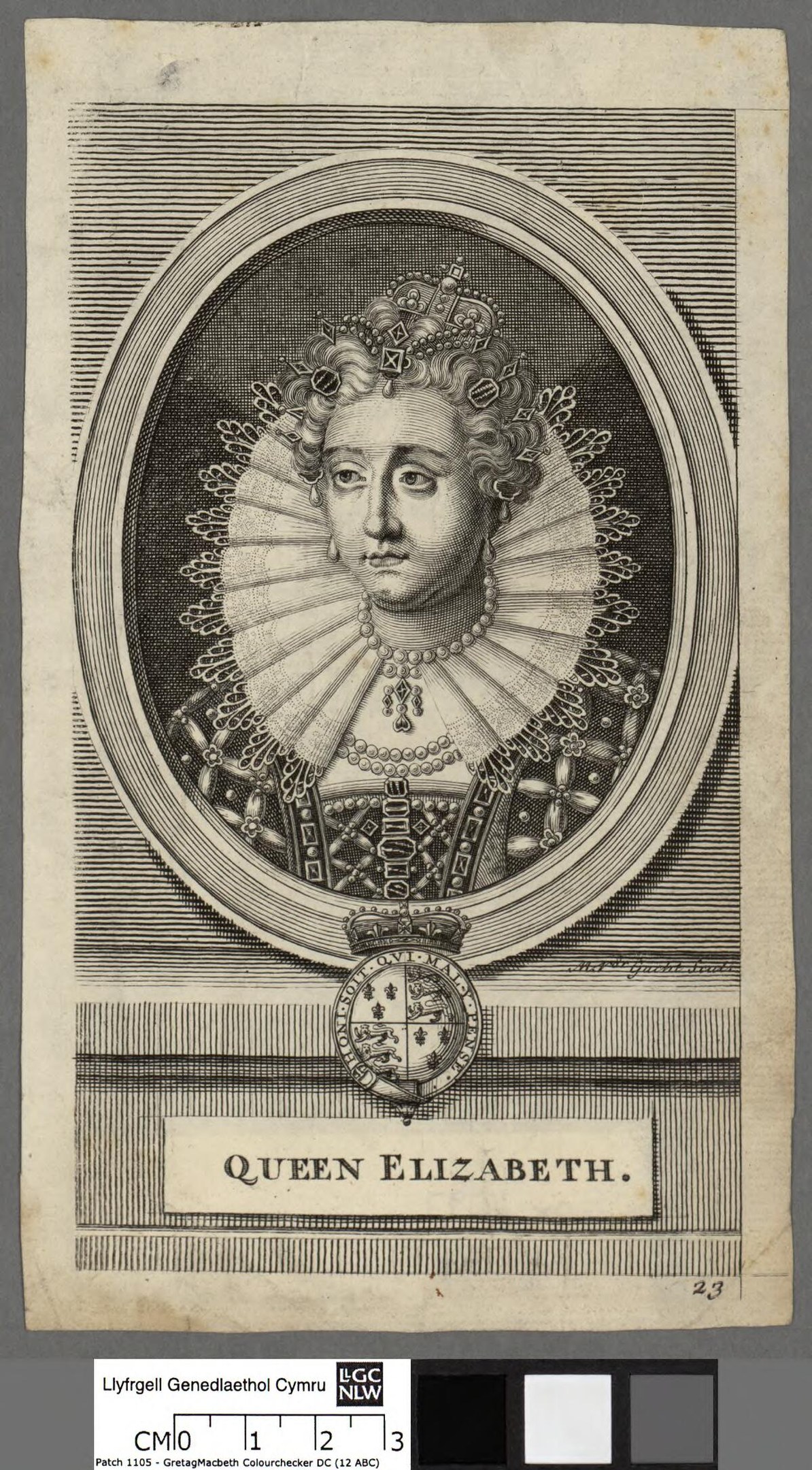 Porträt der Queen Elizabeth I. von England in königlicher Kleidung mit Krone und Tiara, grauer Hintergrund, feine Gesichtszüge und würdevoller Ausdruck, der zur Seite schaut.