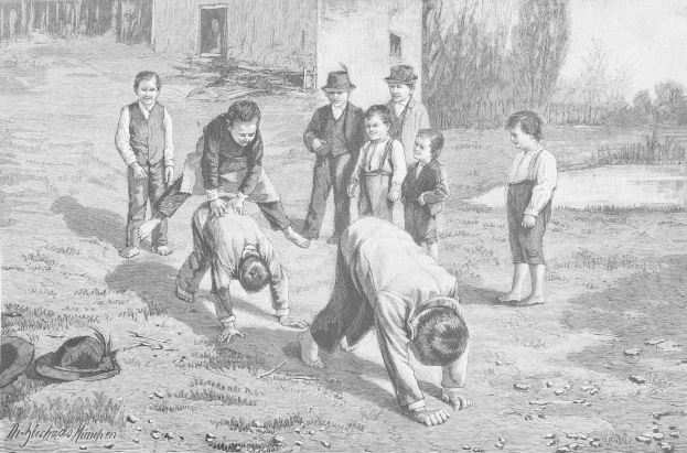 Schwarz-weißes Bild von Kindern auf einem Feld, mit zwei Jungen, die in der Mitte kämpfen, während die anderen zusehen, und einem Hut und Text links.