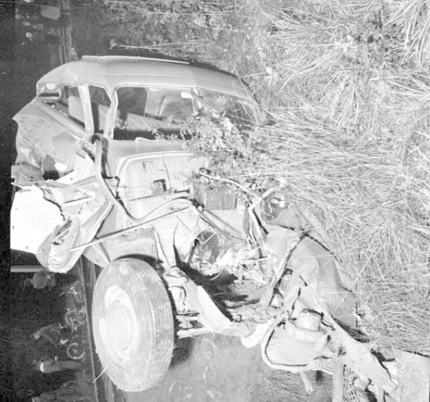 Schwer beschädigt schwarzer Wagen mit eingedellter Front und zersplitterten Fenstern am Straßenrand, Baum im Hintergrund.