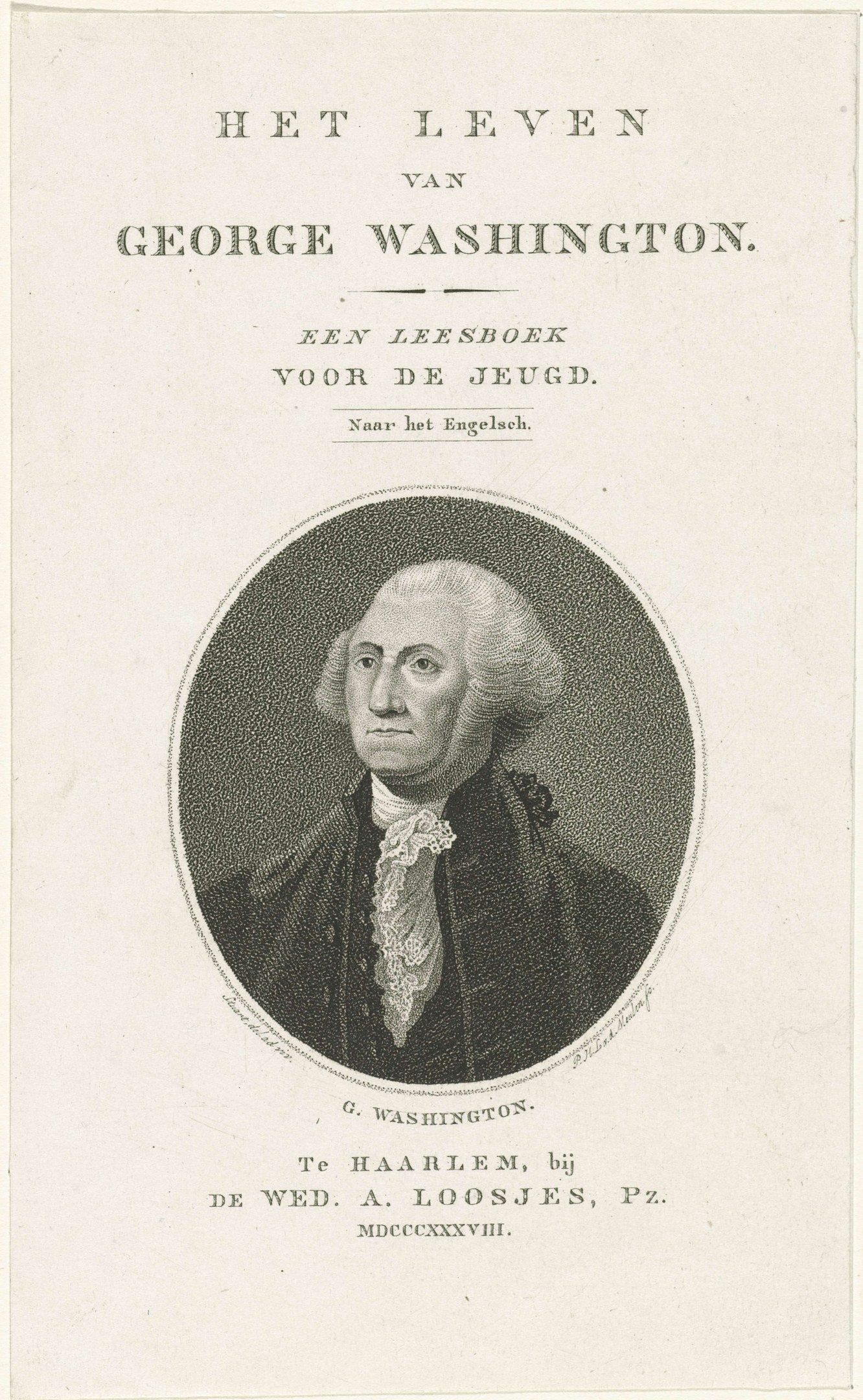 Porträt von George Washington mit ernstem Gesichtsausdruck, der einen Anzug und eine Krawatte trägt, mit zurückgekämmtem Haar, frontal auf einem Blatt Papier mit Text.
