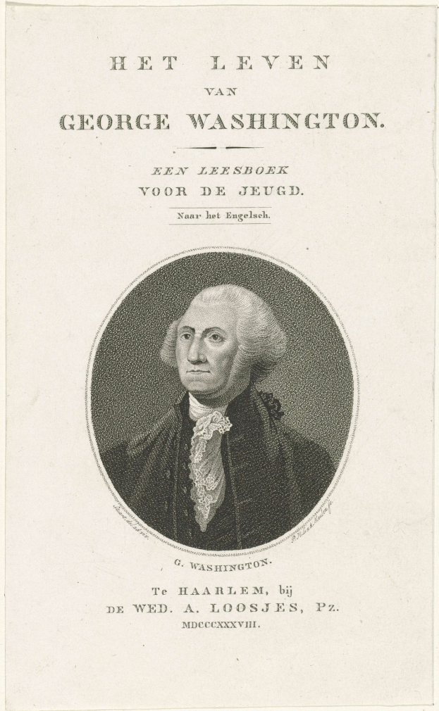 Porträt von George Washington mit ernstem Gesichtsausdruck, der einen Anzug und eine Krawatte trägt, mit zurückgekämmtem Haar, frontal auf einem Blatt Papier mit Text.