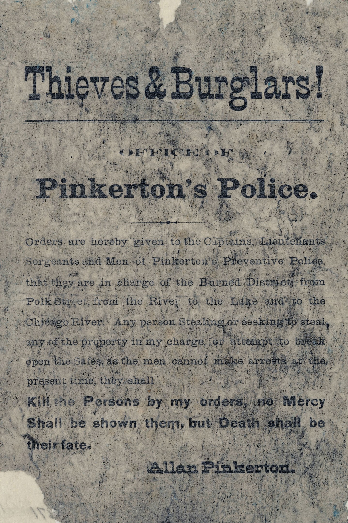 Plakat mit fettem schwarzem Text "Diebe & Einbrecher Pinkertons Polizei" in der Mitte auf einem weißen Hintergrund eingerahmt von einem schmalen schwarzen Rand.