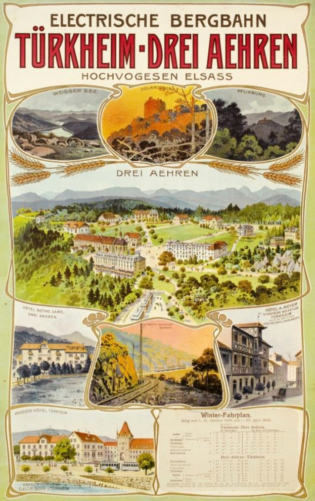 Plakat für Bergbahn, Deutschland, als elektrisches Stadt mit Bildern von Gebäuden, Bäumen, Höhen und beschreibendem Text.