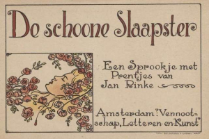 Ein altes Buch mit einer Zeichnung eines Frauenkopfs umgeben von Blumen, Text lautet "Do schoon slaapster".
