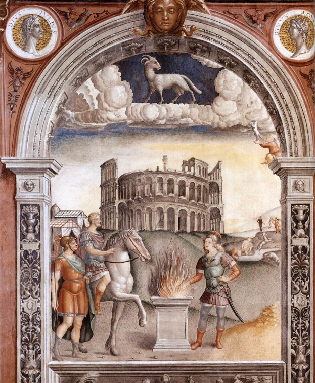 Gemälde aus dem 15. Jahrhundert, das einen Mann auf einem Pferd vor einem brennenden Kolosseum zeigt, umgeben von Menschen, Tieren und Gegenständen, mit einem Bogen öber dem Bild.
