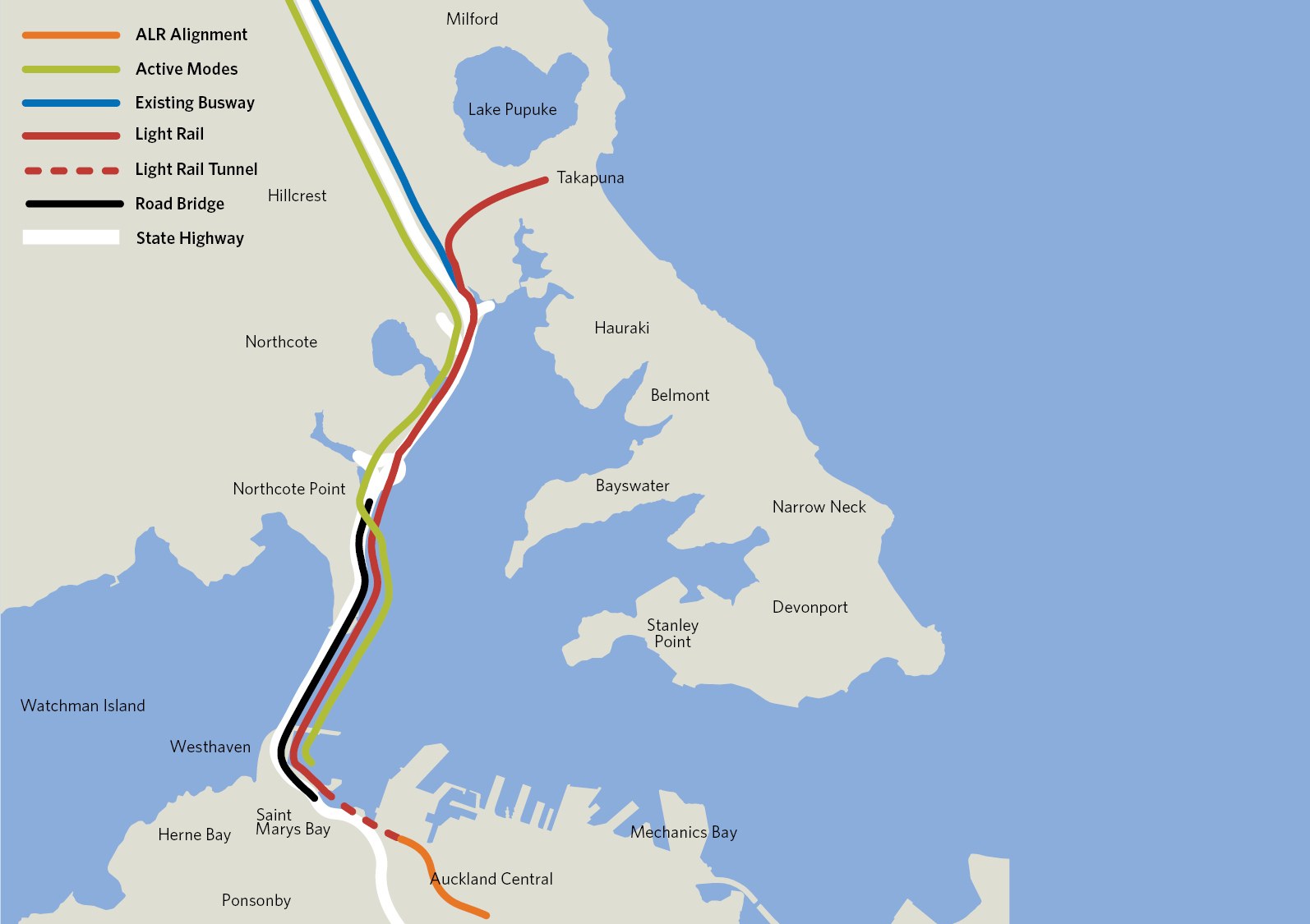 Karte einer Stadt mit einer roten Linie, die die geplante Bahnroute anzeigt, einschließlich Haltestellen und Details der umliegenden Gegend.