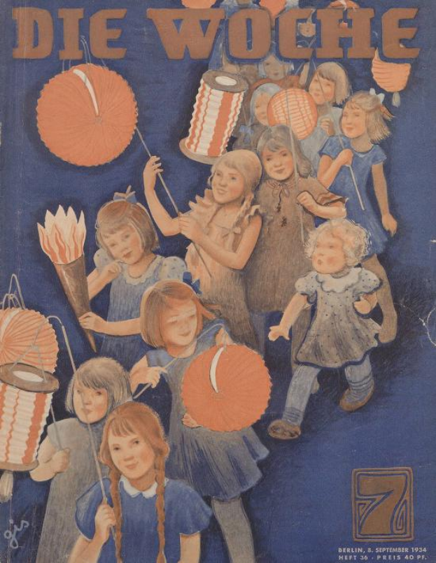 Eine Gruppe von Kindern in traditioneller deutscher Kleidung hält bunt bemalte Laternen und feiert auf dem Cover eines Magazins mit der Aufschrift "Die Woche" vom 7. September 1934.