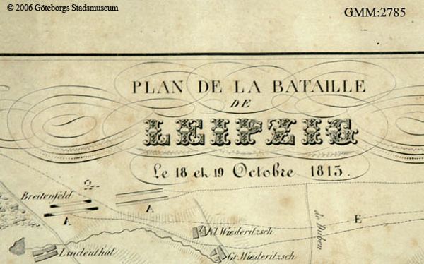 Ein detailliertes altes Schlachtfeld von Leipzig, das verschiedene Kämpfe zeigt und mit Text über das Datum, die Uhrzeit und den Ort annotiert ist.