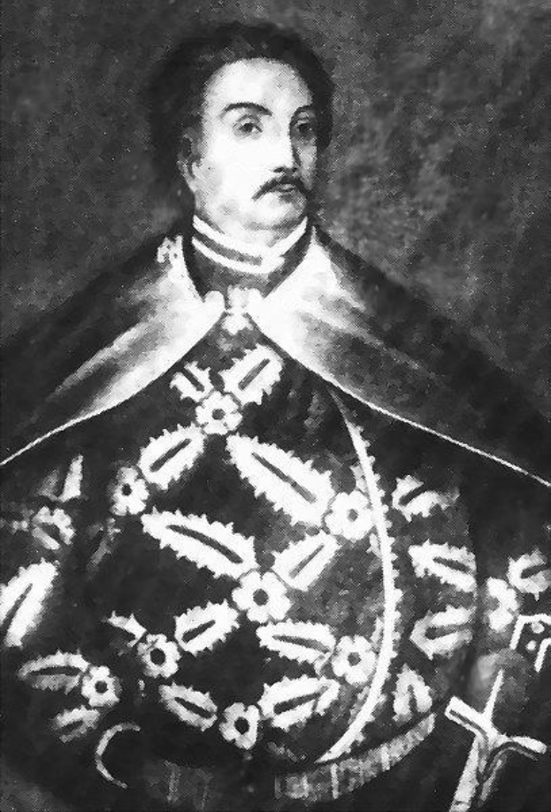 Schwarzes und weißes Foto von Papst Johannes Paul II. in Priesterrobe, der eine schwarze Robe mit weißem Kragen und Manschetten trägt, die Hände gefaltet, strenger Gesichtsausdruck, direkter Blick, dunkles Haar.