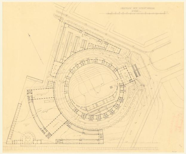 Schwarze-weißes architektonisches Zeichnung eines Stadiongrundrisses mit umliegenden Gebäuden, annotiert mit Text auf altem Papier.