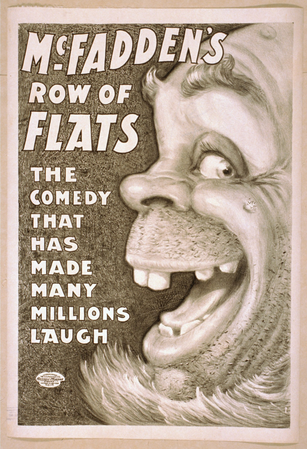 Plakat einer lachenden Person mit wildem Haar vor einem gelben Hintergrund, das den Text 'McFadden's Row of Flats: The Comedy That Has Made Many Millions Laugh' zeigt.
