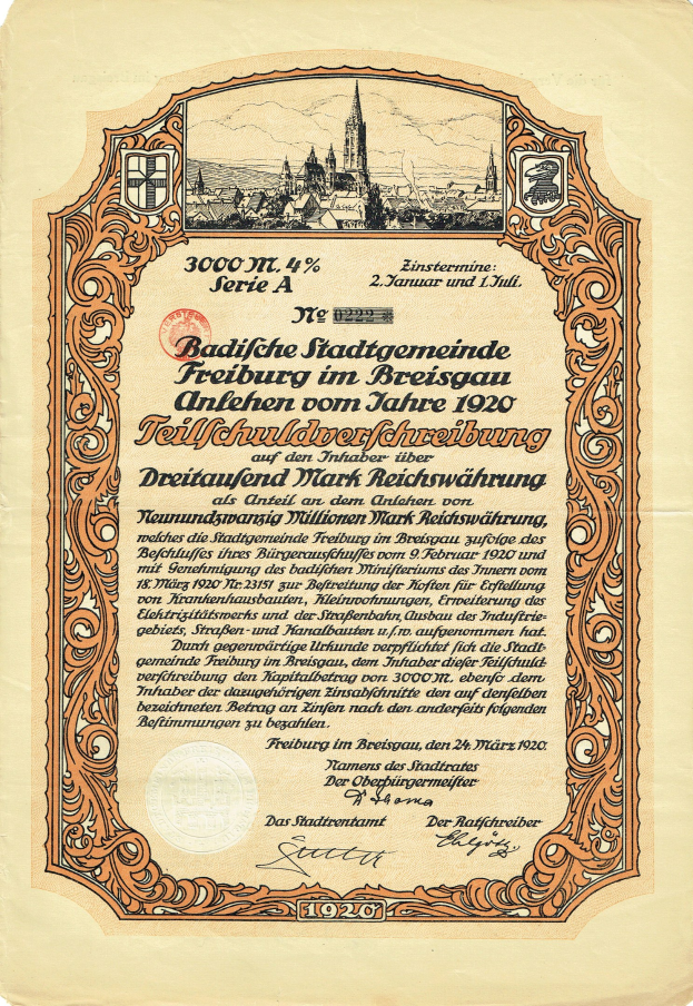 Altes deutsches Aktienzertifikat mit einer Illustration einer Stadt