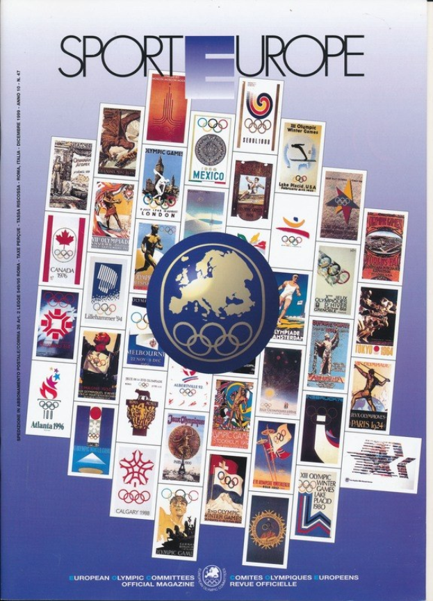 Ein Buchumschlag mit dem Titel 'Sport in Europa' in leuchtenden Farben und detaillierten Designs mit olympischen Symbolen und verwandten Motiven.