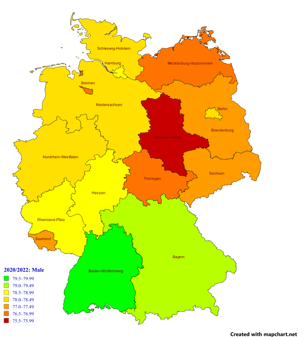 Eine Deutschlandkarte mit farbcodierten Regionen, die den Prozentsatz der Bevölkerung in jedem Gebiet darstellen, begleitet von erklärendem Text auf der linken Seite.