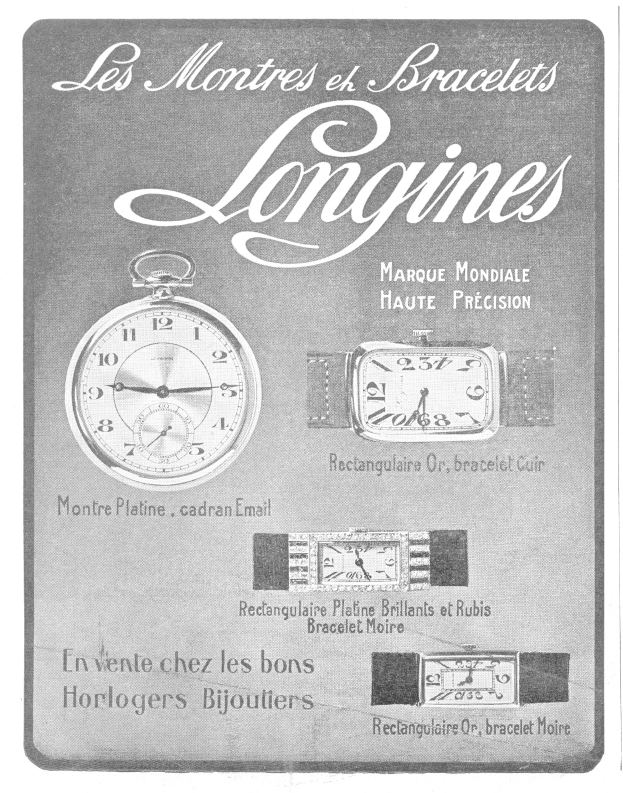 Vintage-Longines-Uhrenwerbung-Plakat aus den 1920er-Jahren mit detaillierten Uhrenillustrationen und klassischer Typografie in gedämpften Blautönen und Grautönen.