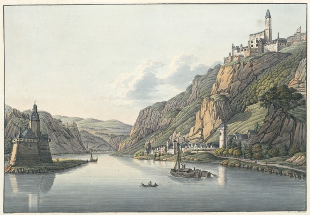 Gemälde eines Flusses mit Booten, umgeben von Hügeln, Bäumen, Gebäuden und einem bewölkten Himmel, mit Text unten, der 'Schloss Karlsruhe in Deutschland' lautet.