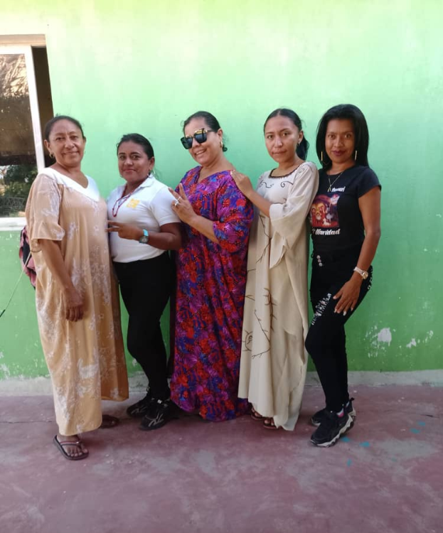 Eine Gruppe von Frauen steht vor einer grünen Wand mit einem Fenster auf der linken Seite und nimmt an einer Veranstaltung zum Internationalen Frauentag teil.