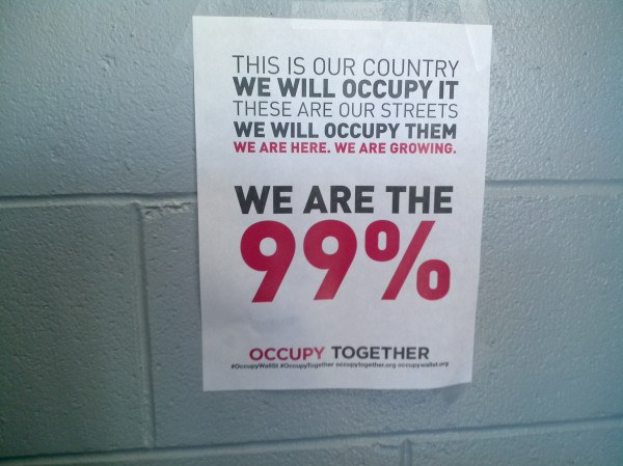 Schwarzes Plakat an einer Wand mit fett gedrucktem Text "Occupy Wall Street" und "Wir sind die 99%".