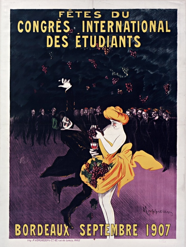 Plakat für ein Weinprobe-Event in Bordeaux 1907 mit einer Frau in gelbem Kleid und Weinglas, umgeben von einer Menge und Werbetext.
