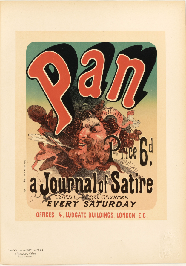 Ein Plakat mit einem Porträt eines Menschen mit kurzen, dunklen Haaren und einem ernsten Gesichtsausdruck, der ein weißes Hemd trägt, mit der Schrift "Pan: Eine Satirezeitschrift" in fetter, schwarzer Schrift in der Mitte auf einem weißen Hintergrund.