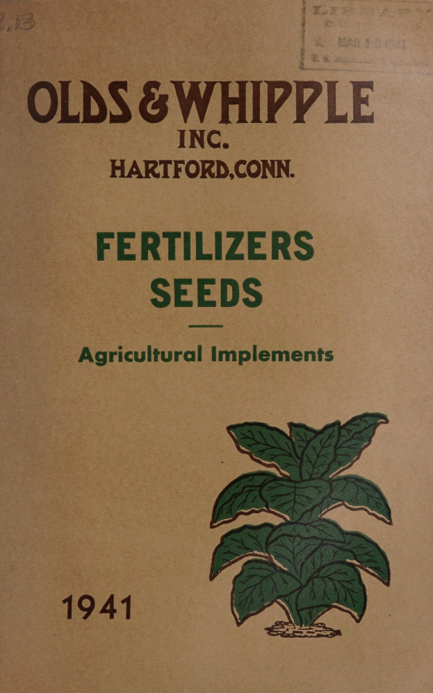 Altes Buchcover aus dem Jahr 1941 mit dem Titel "Düngemittel Samen Landwirtschaftliche Geräte" mit einer Illustration einer grünen Pflanze mit mehreren Blättern und Stielen.