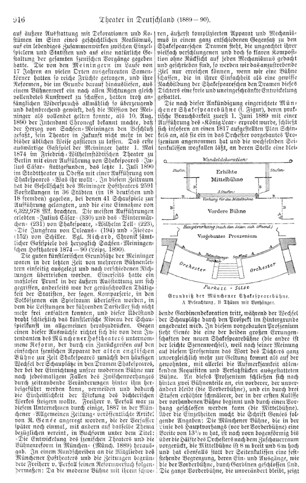 Eine Buchseite mit einer Zeichnung eines Mannes im Anzug und Krawatte mit ernstem Gesichtsausdruck, der Text "Theater in Deutscherland" und ein Theaterdiagramm im Hintergrund.