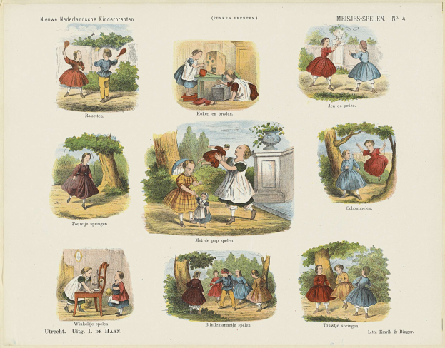 Ein Kinderbuch mit Bildern von Kindern, die im Park spielen, umgeben von Baeumen und Gegenstaenden, mit begleitendem Text.