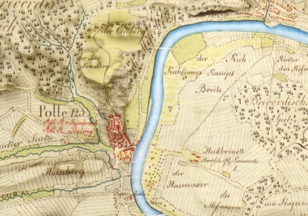 Ausführliches altes Stadtplan von Polle, Deutschland, mit einem Fluss, Straße, Gebäude und anderen Merkmalen markiert.