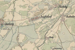 Eine detaillierte alte Karte von Jossefsdorf mit Straßen, Gebäuden und Sehenswürdigkeiten mit Textangaben zum Standort der Stadt.