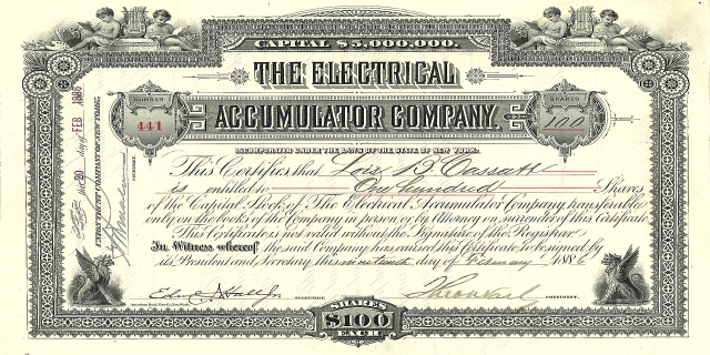 Ein elektrischer Akkumulator-Unternehmensaktienzertifikat mit detaillierten Designs, das den Text "The Electrical Accumulator Company" und verschiedene Zahlen enthält.