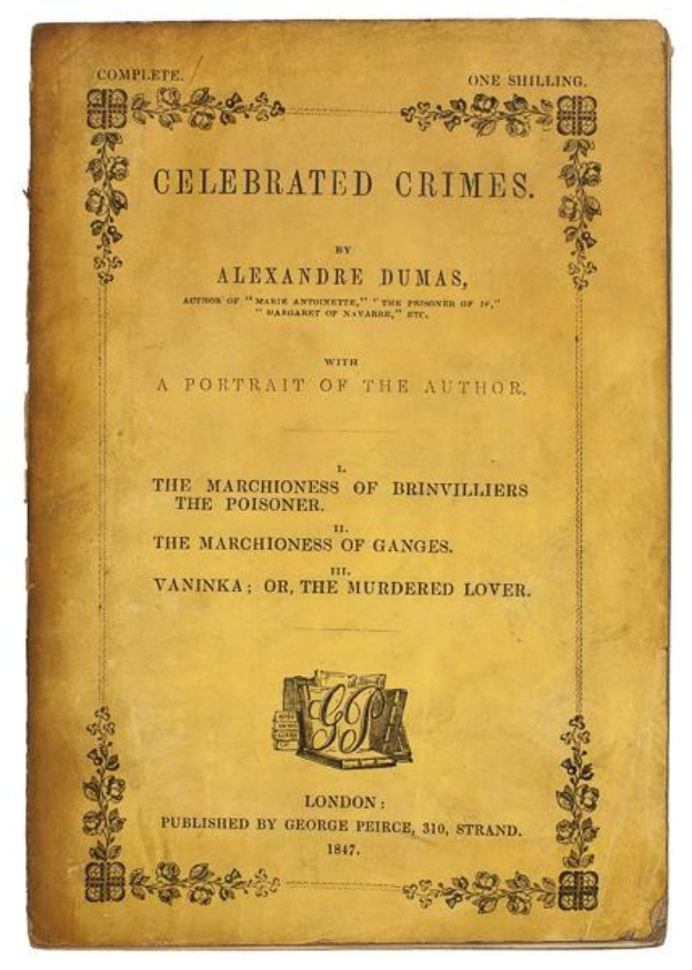 Ein altes Buch namens "Berühmte Verbrechen" von Alexandre Dumas mit einem Porträt des Autors und kunstvollen Designs auf dem Cover.