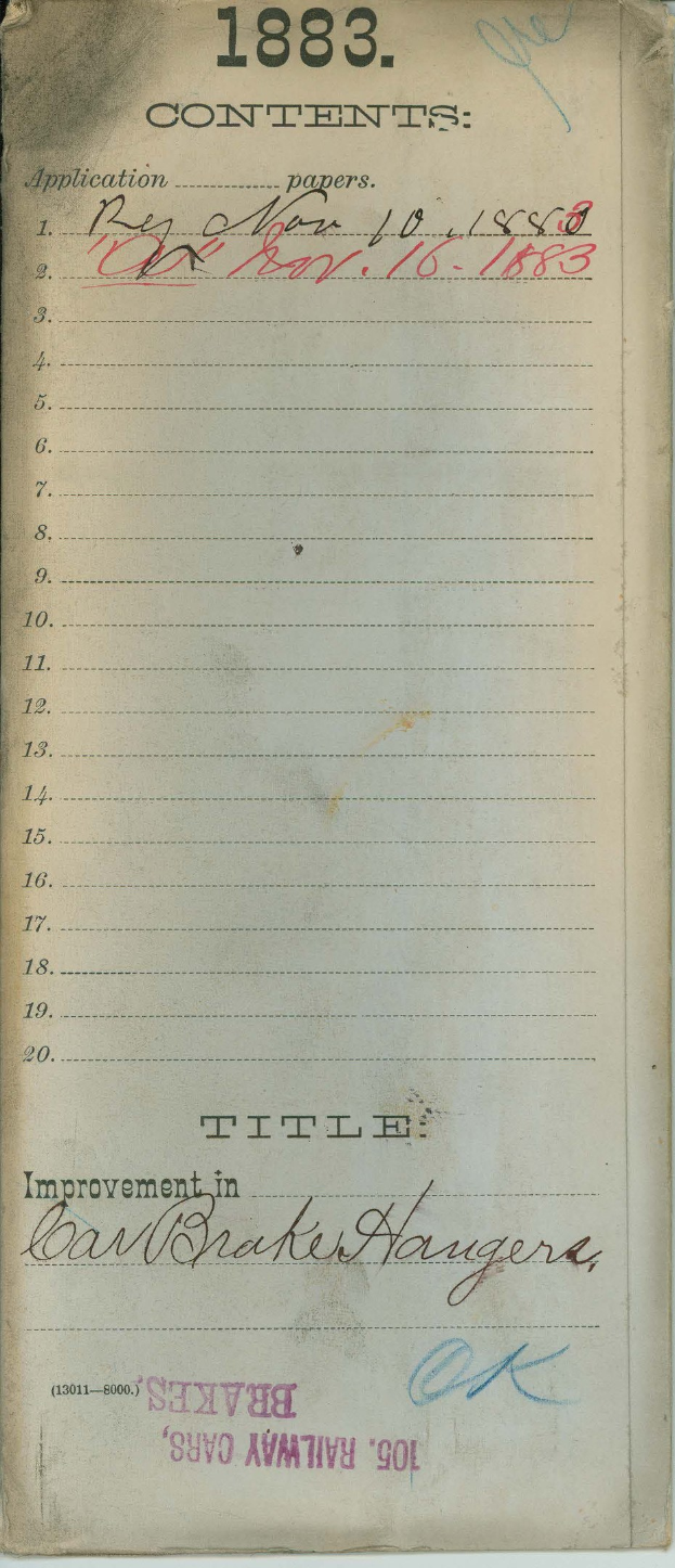 Offene Buchseite mit einer 1883er Liste von Verbesserungen für Bremser's Eisenbahnwagen.