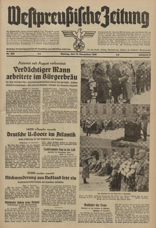 Titelseite einer deutschen Zeitung vom 13. November 1939, betitelt "Weitpreubliche Zeitung", mit einer Gruppe von Menschen in traditioneller deutscher Kleidung in einer feierlichen Umgebung.