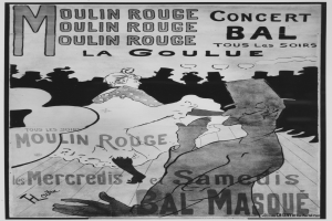 Ein Schwarz-Weiß-Plakat, das ein Moulin-Rouge-Konzert in Paris ankündigt, zeigt einen Mann und eine Frau, die tanzen, mit Text auf dem Plakat.