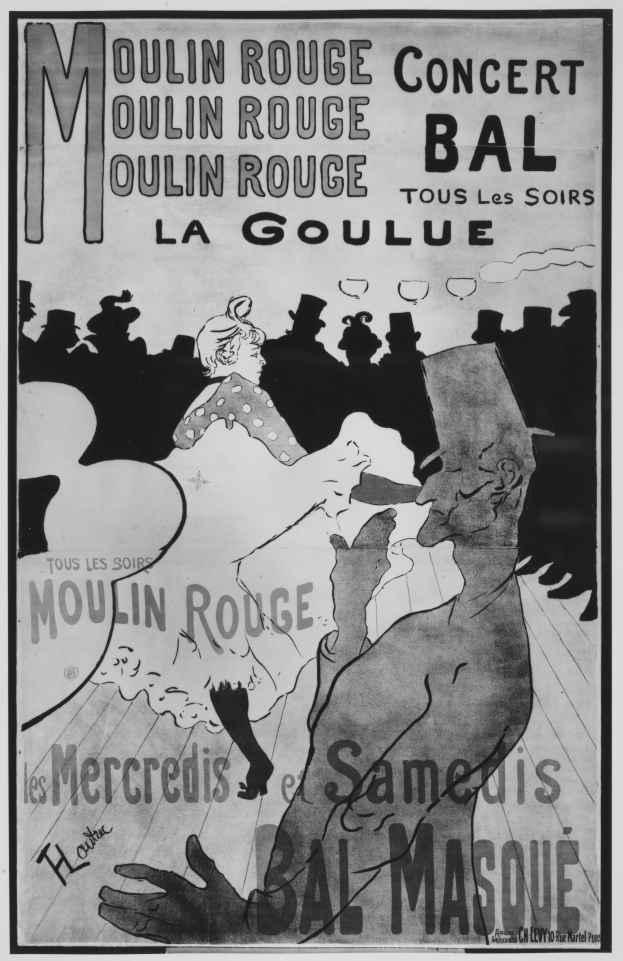 Ein Schwarz-Weiß-Plakat, das ein Moulin-Rouge-Konzert in Paris ankündigt, zeigt einen Mann und eine Frau, die tanzen, mit Text auf dem Plakat.